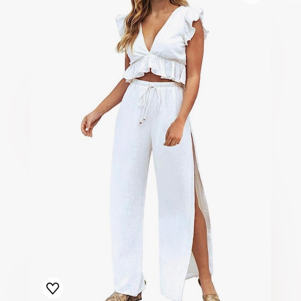 FANCYINN - XL - 2 PC WHITE DEEP V RUFFLE TRIM CROP TOP & SIDE SLIT WIDE LEG PANT